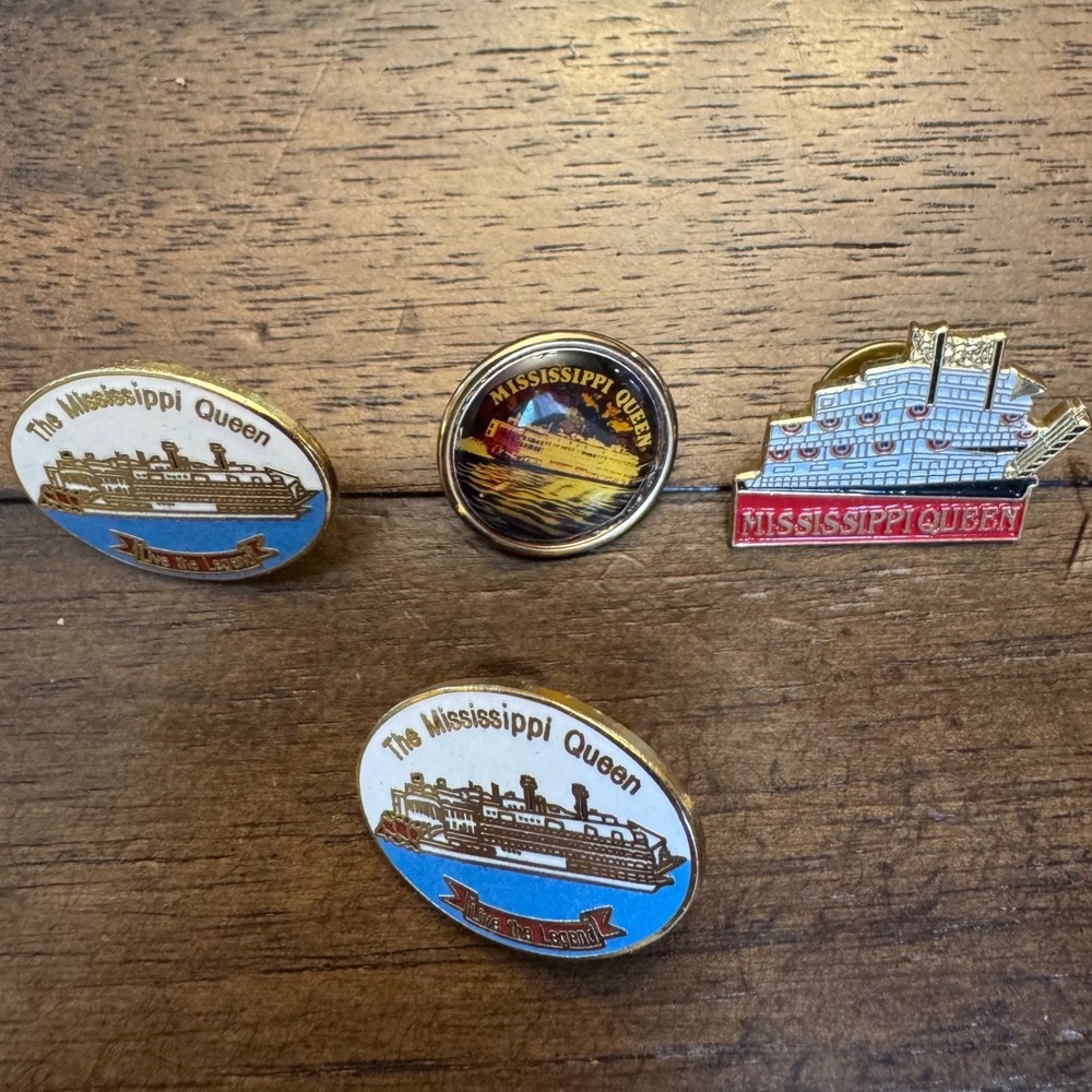 Mississippi Queen Steamboat Lapel Pin Set Vintage Enamel Riverboat Souvenir Gold